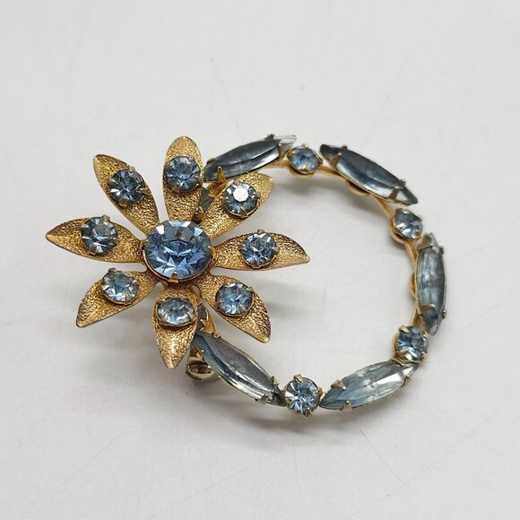 Vintage Gold Tone Brooch With Blue Rhinestones In Floral Design - Picture 2 of 4